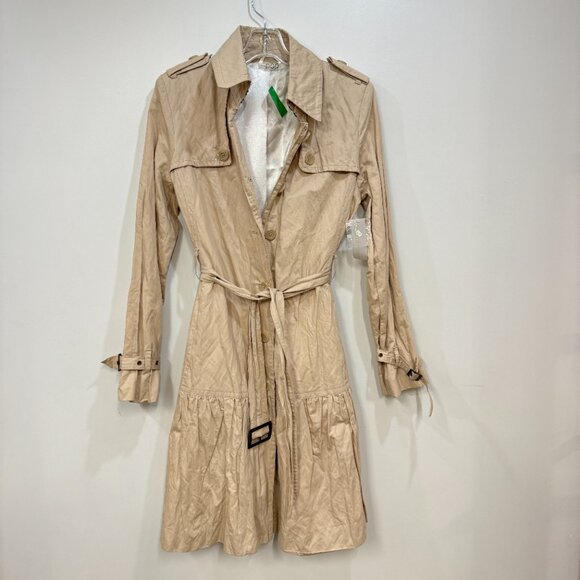 Population of Many Long Sleeve Button Front Collar Belt Coat Tan - Picture 2 of 11